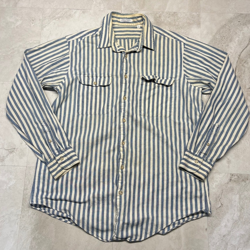 Vintage 80s Hickory Stripe Button Up Shirt Blue White Mens Large Distressed USA
